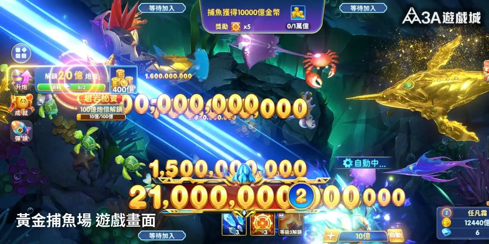 黃金捕魚場遊戲畫面，畫面上方顯示獲得 10,000 億金幣。